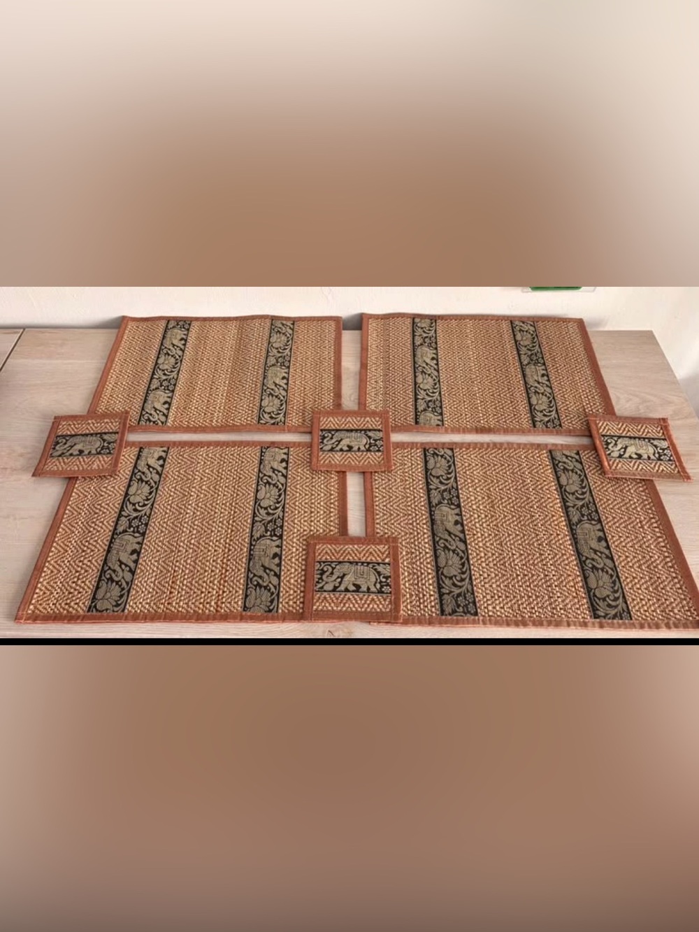 Woven Straw Table Placemat Set with Black Floral Trim